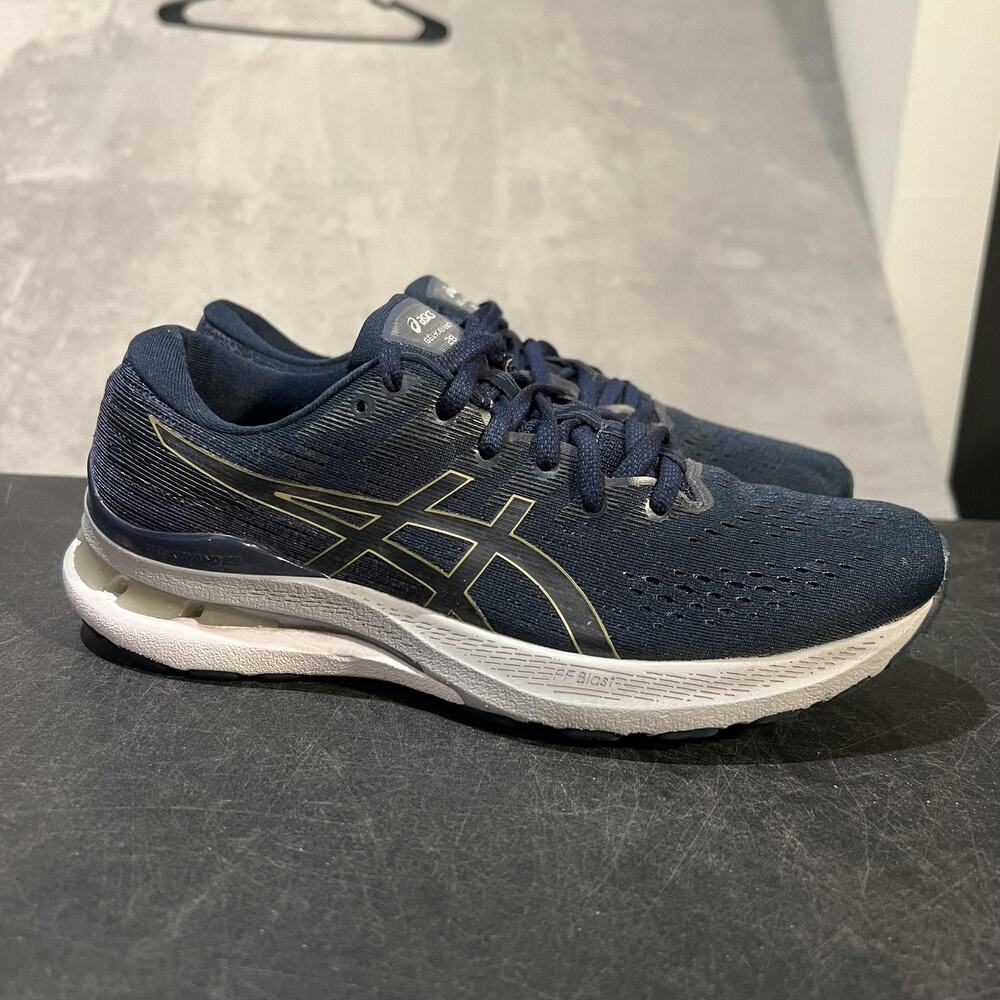 Asics Gel Kayano 28 Running Shoes Womens Size 9 Navy Blue Gold Support Athletic